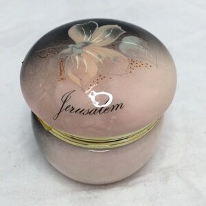 Jerusalem Hinged Lidded Keepsake Jar Pink and Black with a Flower 2" Round 1.75